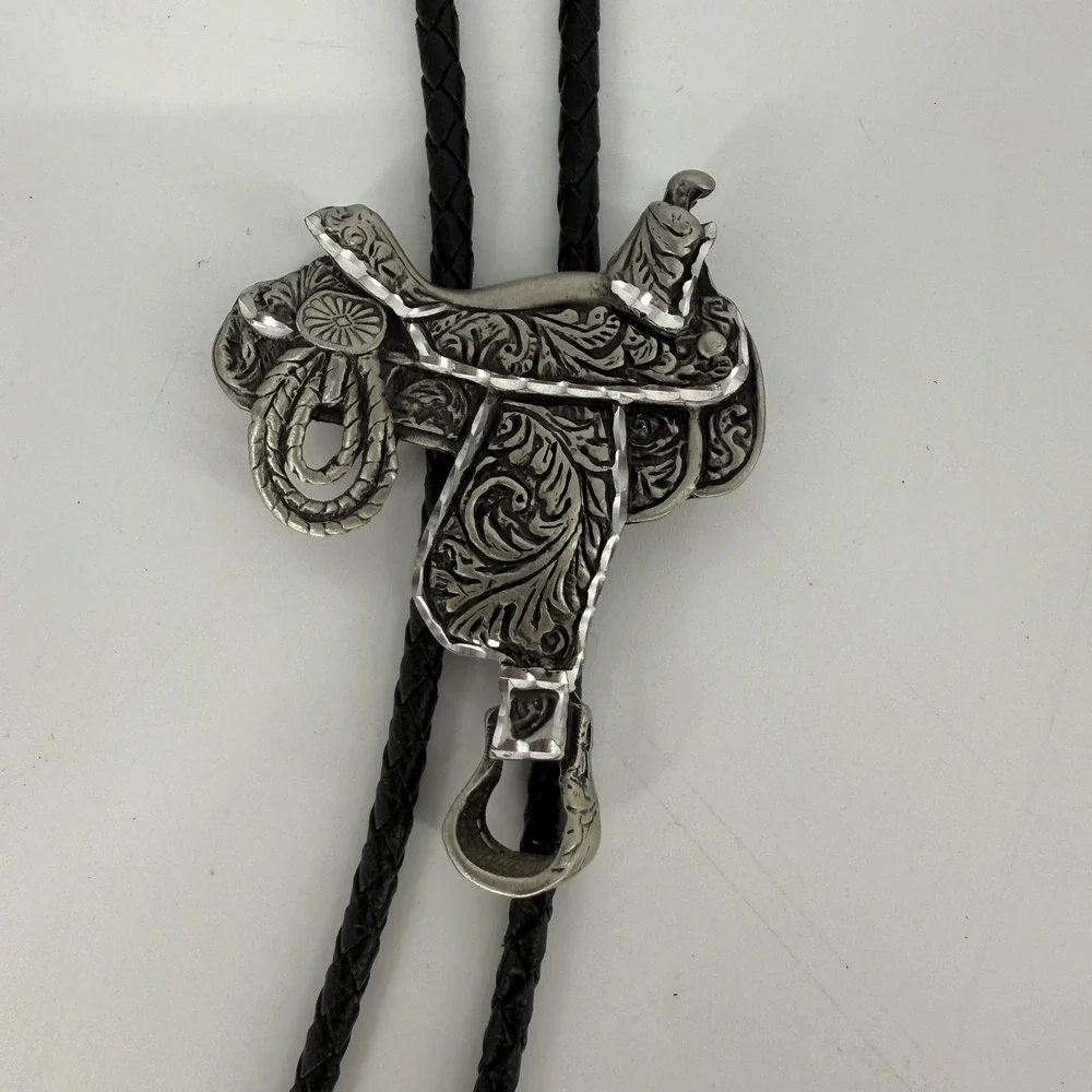 Lebow Western Saddle Bolo‎ Tie Silver Tone Mens Black Braided Cord Tips Cowboy
